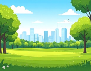 Lush park, city skyline