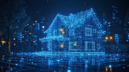 Futuristic glowing house concept, smart home technology visualized with digital blueprint design over city lights at night, modern real estate innovation