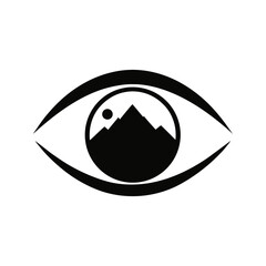 Silhouette of an eye with a scenic mountain iris view inside with transparent background