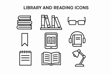 Library and reading icons: books, glasses, tablet, bookmark, headphones, notebook, lamp