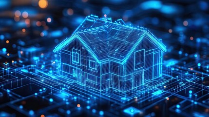 Smart home concept with digital house outline and glowing futuristic network showcasing modern technology and innovation in real estate