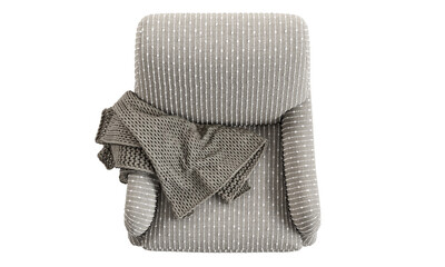 Classic gray boucle fabric upholstery armchair with knitted plaid. 3d render.