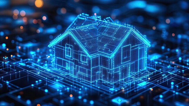 Smart home concept with digital house outline and glowing futuristic network showcasing modern technology and innovation in real estate