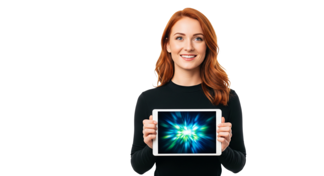  Rothaarige Frau – Tablet in beiden Händen, transparenter Hintergrund, PNG