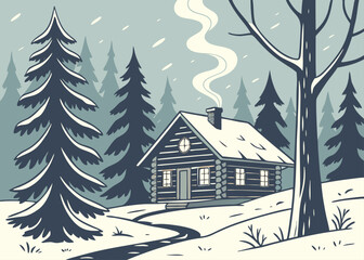 Cozy Winter Cabin Scene: A rustic cabin nestled within a snowy pine forest, smoke gracefully curling from its chimney, creating a peaceful scene of warmth and isolation.