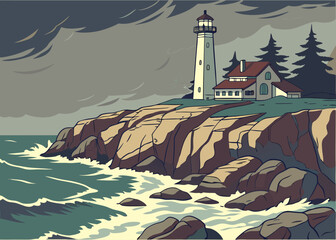 Coastal Lighthouse Sentinel: Perched upon a rugged cliff overlooking the turbulent sea, a stoic lighthouse stands as a beacon of hope, its light cutting through the stormy sky. © graphixarrow