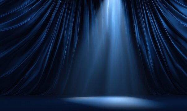 Blue elegant curtain with spotlight shining down on stage for presentation