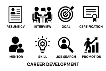 Icons for career development: resume, interview, goal, certification, mentor, skill, job search, promotion