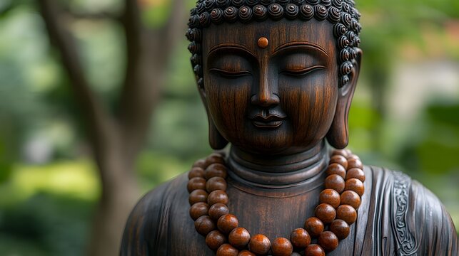 "Ancient Chinese Wooden Stone Buddha Statue Close-Up, Serene Carved Face, Detailed Spiritual Sculpture, Green Nature Background, Tranquil Buddhist Art" - Powered by Adobe