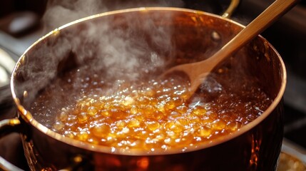 A fresh batch of salted caramel in a copper pot, bubbling and turning a deep amber color, a wooden spoon resting nearby, rich and decadent, warm and inviting.