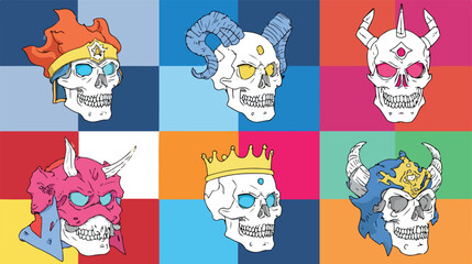 Colorful skulls with various headwear on a grid background
