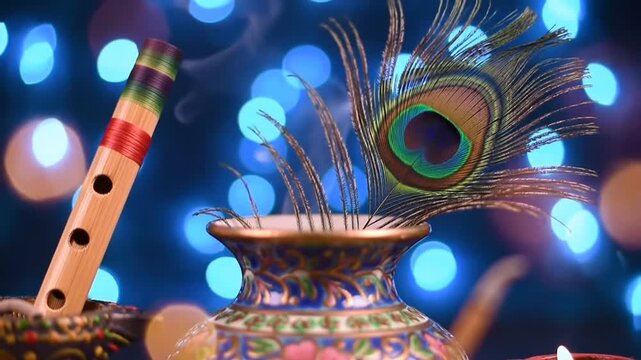 Vibrant and artistic still life image featuring a richly decorated vase with intricate floral patterns in shades of blue, pink, and gold. The vase holds a striking peacock feather, adding an element o