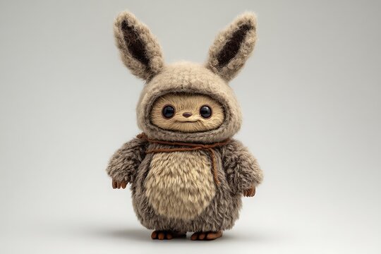 Adorable porg wearing knitted bunny costume, standing on white background