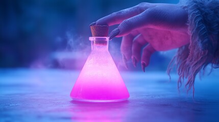 Mysterious hand holding a glowing pink potion in a frosty winter setting