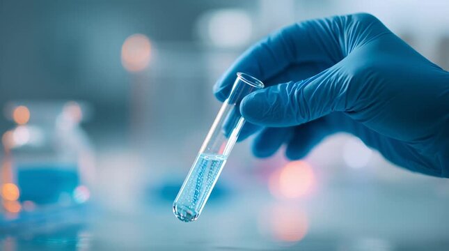 Scientist&rsquo;s hand in blue nitrile glove holding a transparent test tube with liquid &ndash; close-up in laboratory environment, concept of medical research, analysis, or biotechnology	
