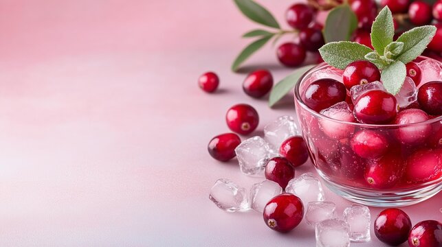 Refreshing cranberry cocktail with ice and sage leaves on pink background