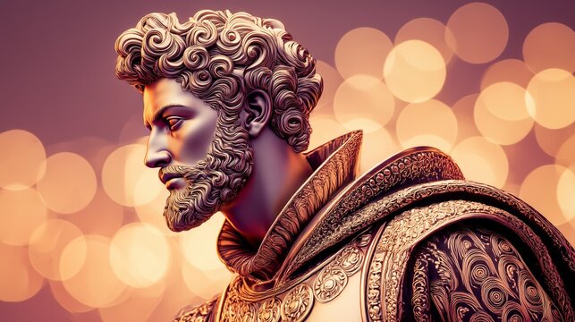 Regal roman statue in bokeh: intricate detail and dramatic lighting