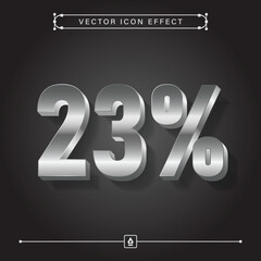 23 Percent 3D Silver Icon with Modern Metallic Vector Steel Effect Design, 23% Sign, Twenty Three Percent 3D Symbol