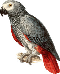 Fototapeta premium African grey parrot isolated on transparent background is a tropical bird with grey feathers and red tail, often kept as a pet in zoos