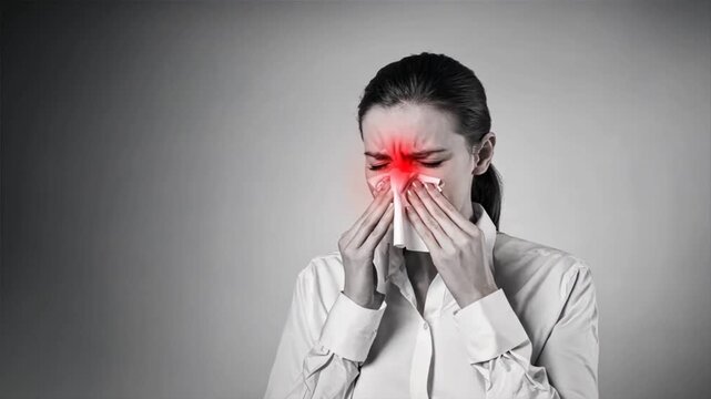 Woman blowing her nose with a red spot effect on her face, sinusitis, sinus infection, sinus headache