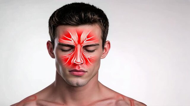 Young man with red pain on his face visualizing nasal structure on awhite background, sinusitis, sinus infection, sinus headache