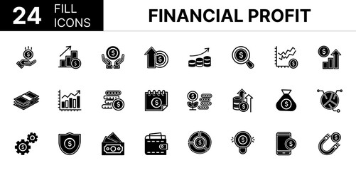 Collection of 24 Financial profit line icons featuring editable strokes. These outline icons depict various modes of Financial profit, Money, Income, Savings, Earnings, Cash, Investment, Financial,