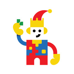 Jester made from puzzle pieces holding a playful banana vector art illustration