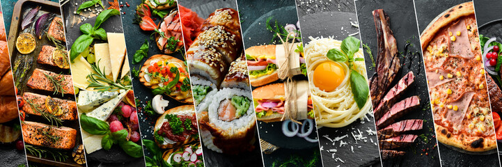 Natural food collage. Food background. Vegetable and meat dishes. Food in plates.