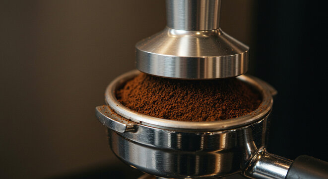 Extreme close-up of ground coffee being tamped into a portafilter