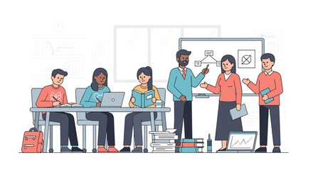 Diverse students and teachers collaborating in a modern classroom setting