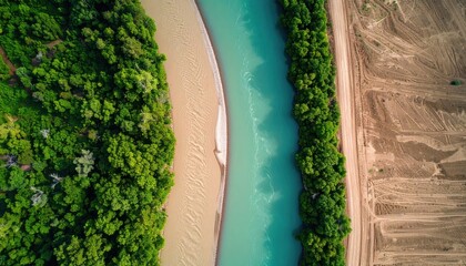 Aerial View Of Turquoise River Winding Through Lush Green Forest