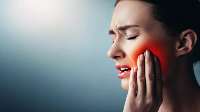 Woman with jaw pain red pain around her face on blue background, sinusitis, sinus infection, sinus headache