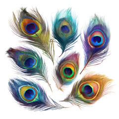 Fototapeta premium Colorful peacock feathers arranged on black background for craft projects