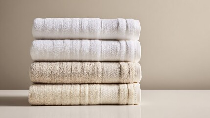 Elegant Stack of Plush Bath Towels in Cream and Beige