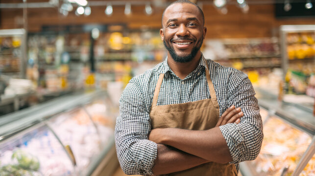 A dedicated grocery store worker, wearing a blue uniform, is focused on the task of organizing products on a well-stocked shelf in a bright, modern supermarket aisle