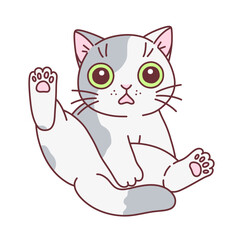 Cartoon surprised cat with lifted up hind paw. Cute cats series.