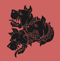 Red and black vector illustration of three heads of Cerberus dog.