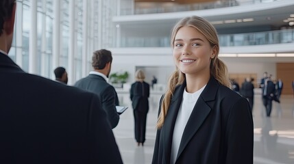 Fototapeta premium A young woman in business attire smiles while conversing with a man in a busy office, showcasing a vibrant working atmosphere with colleagues in the background