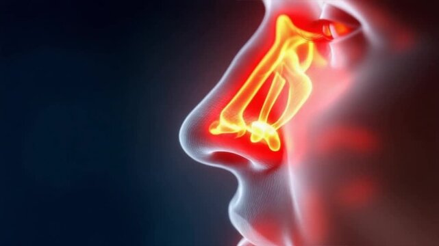 A human nose with glowing red pain around it on a dark blue background, sinusitis, sinus infection, sinus headache