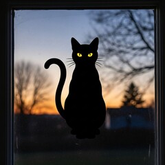 Silhouette of a black cat with glowing yellow eyes sitting in a window at sunset