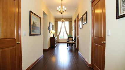 Fototapeta premium Interior hallway with light beige walls and wooden doors.