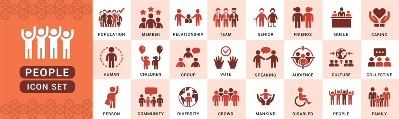 People Icon Set &ndash; Flat Vector Icons for Population, Community, Diversity, Family, Teamwork, Relationships & More

