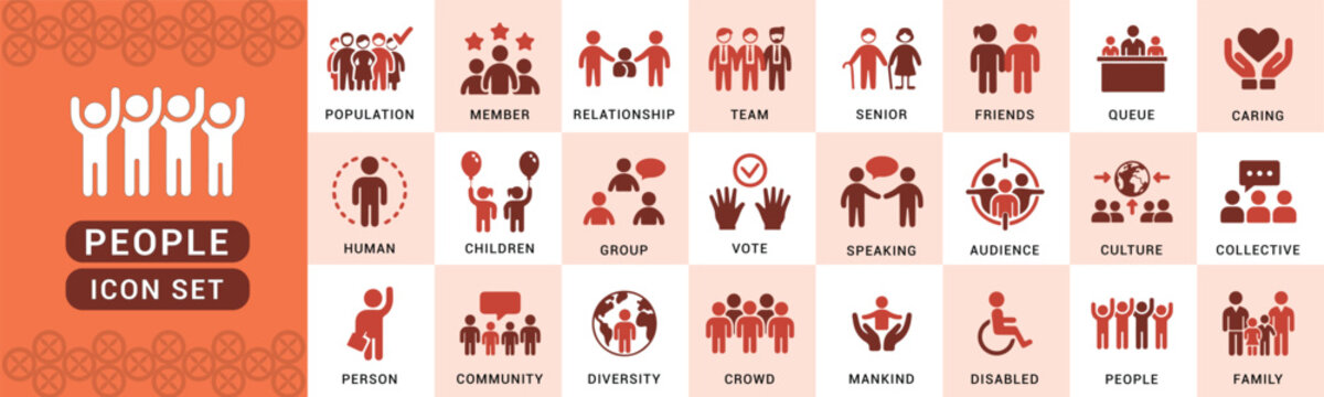 People Icon Set &ndash; Flat Vector Icons for Population, Community, Diversity, Family, Teamwork, Relationships & More

