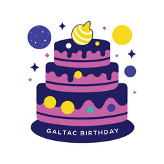 Layered cake decorated with planets and glowing stars vector art illustration