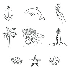 Line Art Coastal and Nautical Icons, Anchor, Dolphin, Ice Cream, Palm Tree, Italian Coast, Lighthouse, Shells