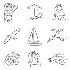 Line Art Summer Vacation Icons, Swimsuit Girl, Beach Chair, Bikini, Seagulls, Sailboat, Summer Outfit