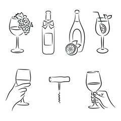 Line Art Italian Drinks and Wine Icon set, Glasses, Grapes, Limoncello, Cocktails, Corkscrew