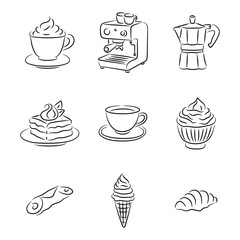 Line Art Italian Desserts and Coffee Icons, Cannoli, Tiramisu, Panna Cotta, Espresso, Ice Cream