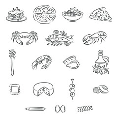 Line Art Italian Food Icons, Pizza, Pasta, Lasagna, Seafood, Olive Oil, Cheese, Olives