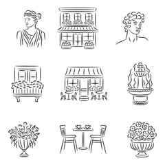 Line Art Italian Café and Culture Icons, Sculptures, Architecture, Flowers, Fountain, Terrace Seating